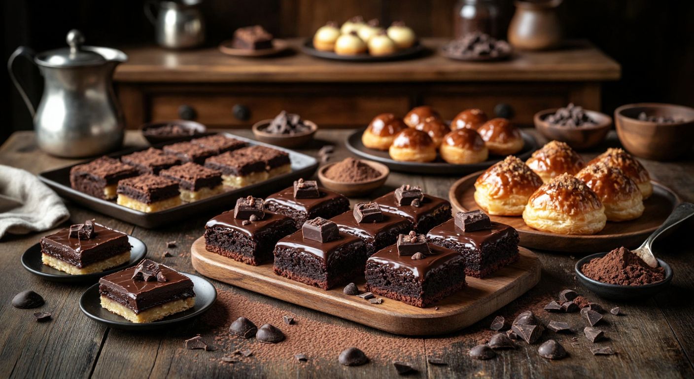 A warm Turkish kitchen with a wooden table displaying an array of rich chocolate desserts—brownies, profiteroles, and baklava—surrounded by scattered ingredients like cocoa powder and melted chocolate, evoking a cozy, indulgent atmosphere.