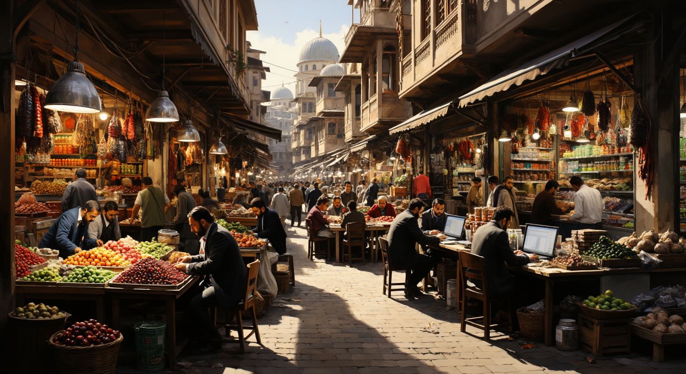 A bustling Turkish marketplace with vendors selling goods (tertiary sector) alongside a modern office where professionals work on computers and analyze data (quaternary sector).