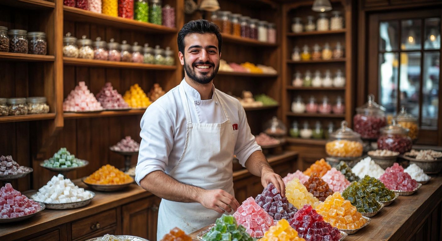 A cheerful Turkish confectioner in a white apron proudly arranging colorful, glossy lokum (Turkish delight) in a traditional shop with wooden shelves and glass jars.