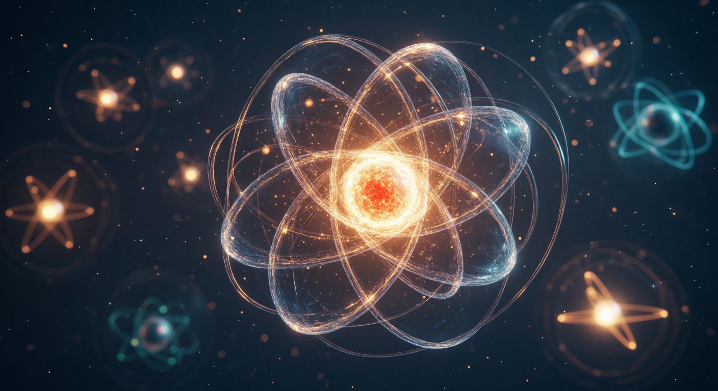 A glowing atomic nucleus surrounded by scattered, unstable electron orbits, with faint spectral lines fading into the background, illustrating the model's incomplete understanding of atomic structure.
