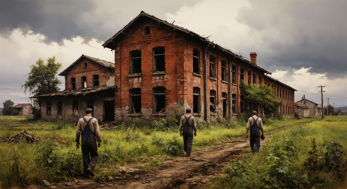 A weathered brick tobacco factory in Pınarbaşı with broken windows and overgrown weeds, under a cloudy sky, while workers in faded overalls walk away with slumped shoulders.