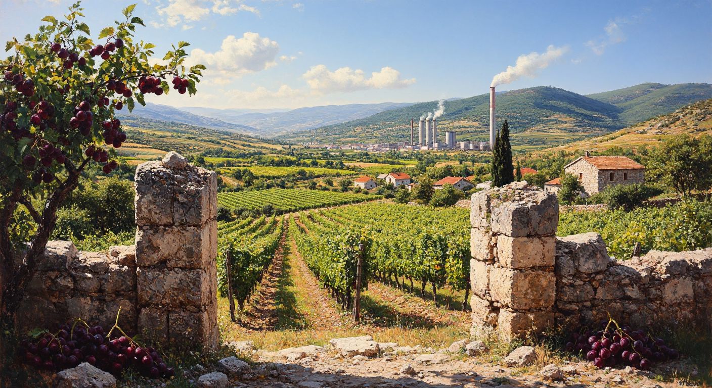 A sunlit Turkish countryside scene with ancient stone ruins in the foreground, lush vineyards and cherry orchards stretching toward distant factory smokestacks, framed by rolling hills under a clear blue sky.