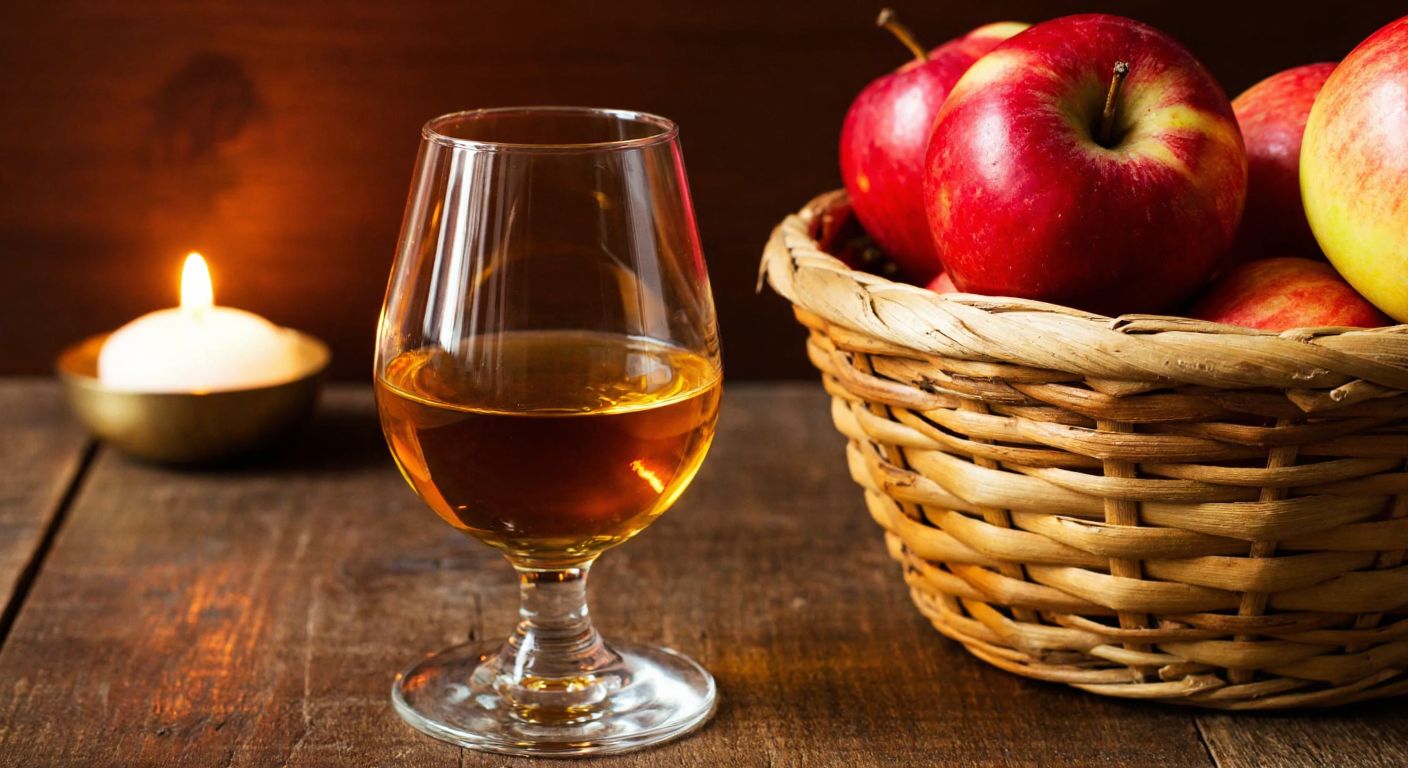 A golden-hued glass of kalvados rests on a rustic wooden table beside a basket of ripe apples, with a warm, inviting glow from candlelight reflecting off the liquid.
