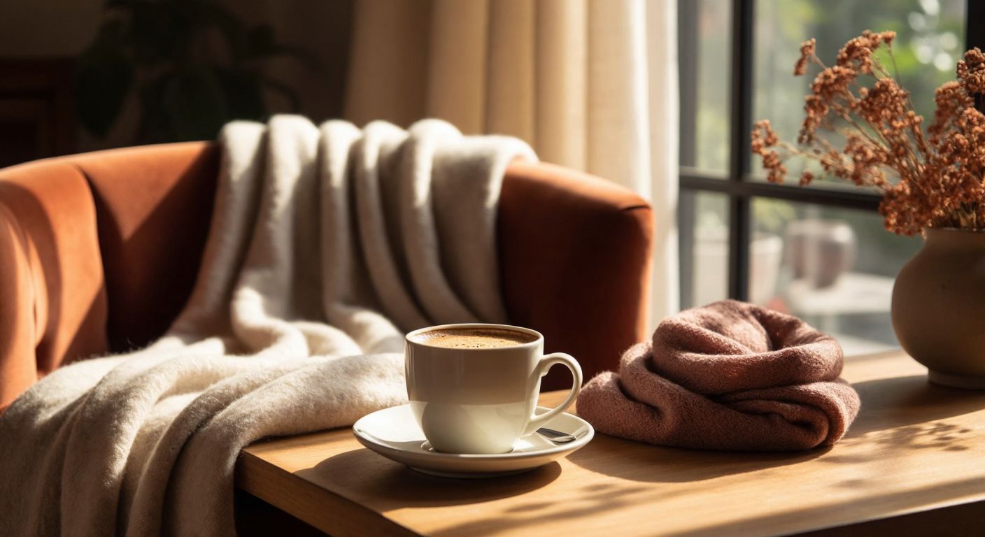 A plush, velvety fabric draped over a cozy armchair next to a steaming cup of rich, frothy coffee on a wooden table in a sunlit Turkish living room.