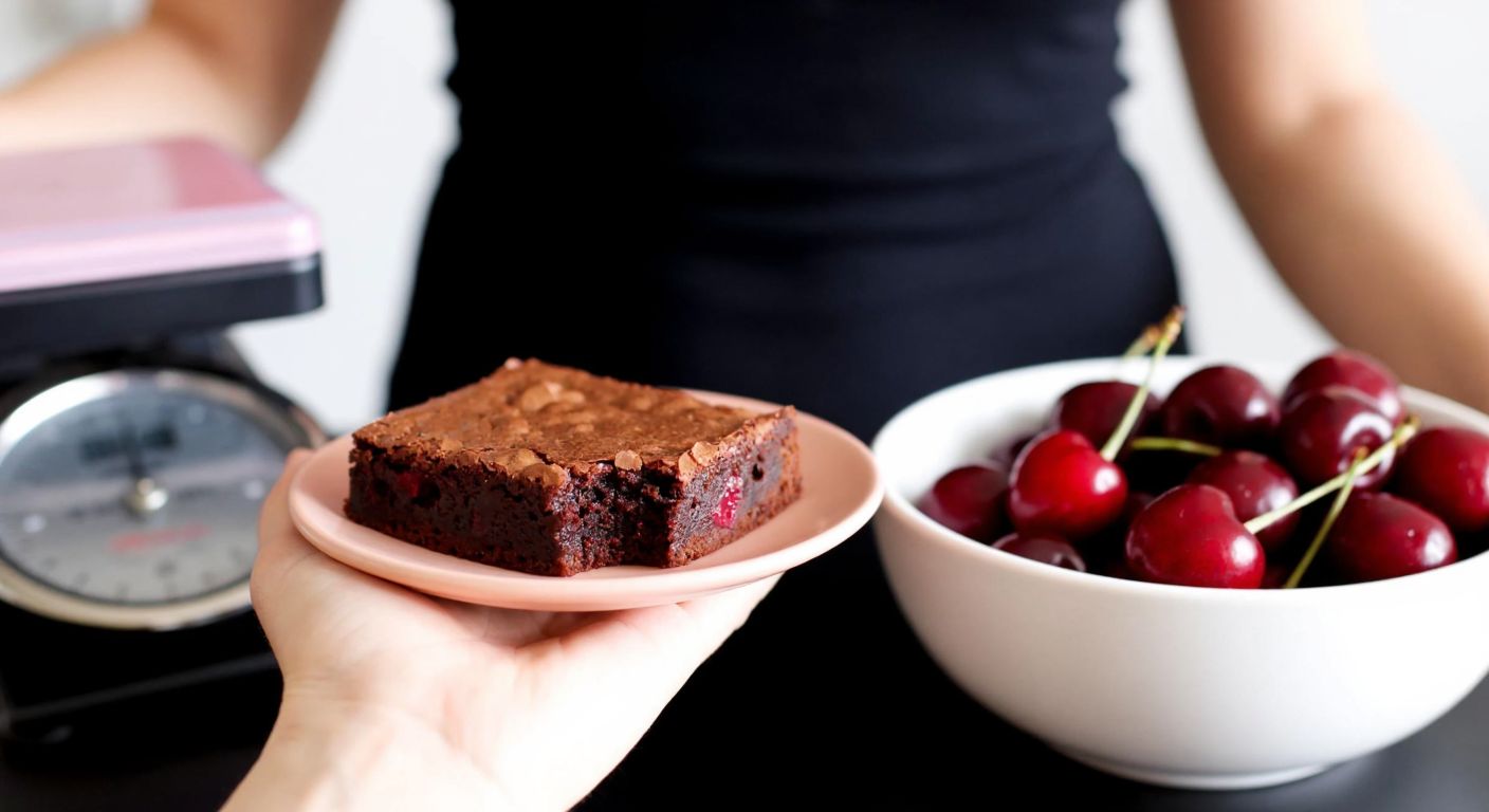 A hand holding a single square of Eti Vişneli Browni on a small plate next to a bowl of fresh cherries, with a kitchen scale in the background and a person's conflicted expression visible in soft focus.