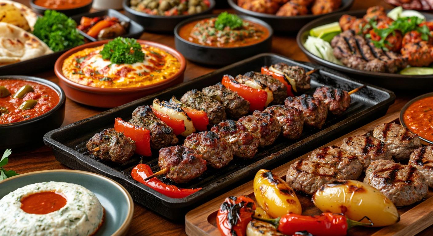A vibrant Turkish dining table with sizzling kebabs, grilled meats, and mezze platters, all drizzled with a rich red **Afrika Ateşi** sauce, evoking warmth and bold flavors.