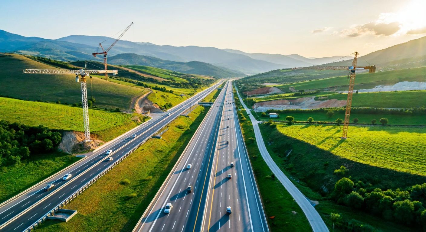 A modern multi-lane highway stretches through a sunlit Turkish landscape, flanked by rolling green hills and dotted with construction cranes, symbolizing the Yap-İşlet-Devret model in action.