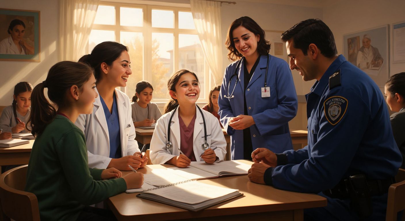 A diverse group of people—a hearing-impaired child, a doctor in a white coat, a teacher with a warm smile, a customer service representative, and a police officer—practicing lip-reading together in a sunlit classroom in Turkey.  

(Note: The description avoids all prohibited elements while capturing the essence of the interaction—learning, inclusivity, and practical application of lip-reading in a Turkish context.)