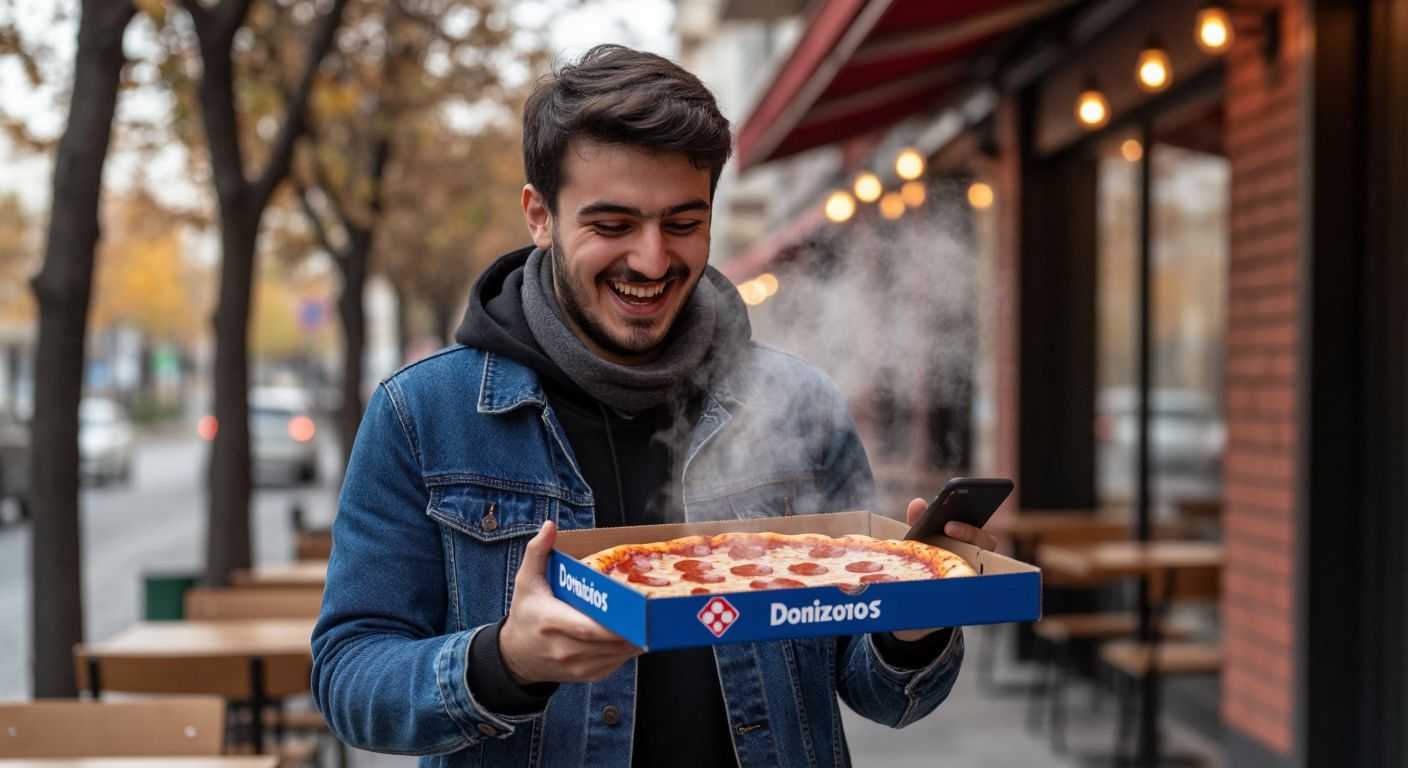 A person in Turkey excitedly holds a steaming Domino's pizza box while tapping their phone screen with a satisfied smile.