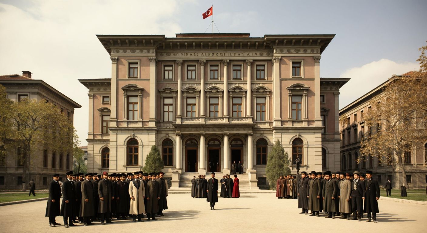 A grand, historic university building with Ottoman and modern architectural elements stands proudly in Istanbul, surrounded by students in early 20th-century Turkish attire, symbolizing Atatürk's educational reforms.