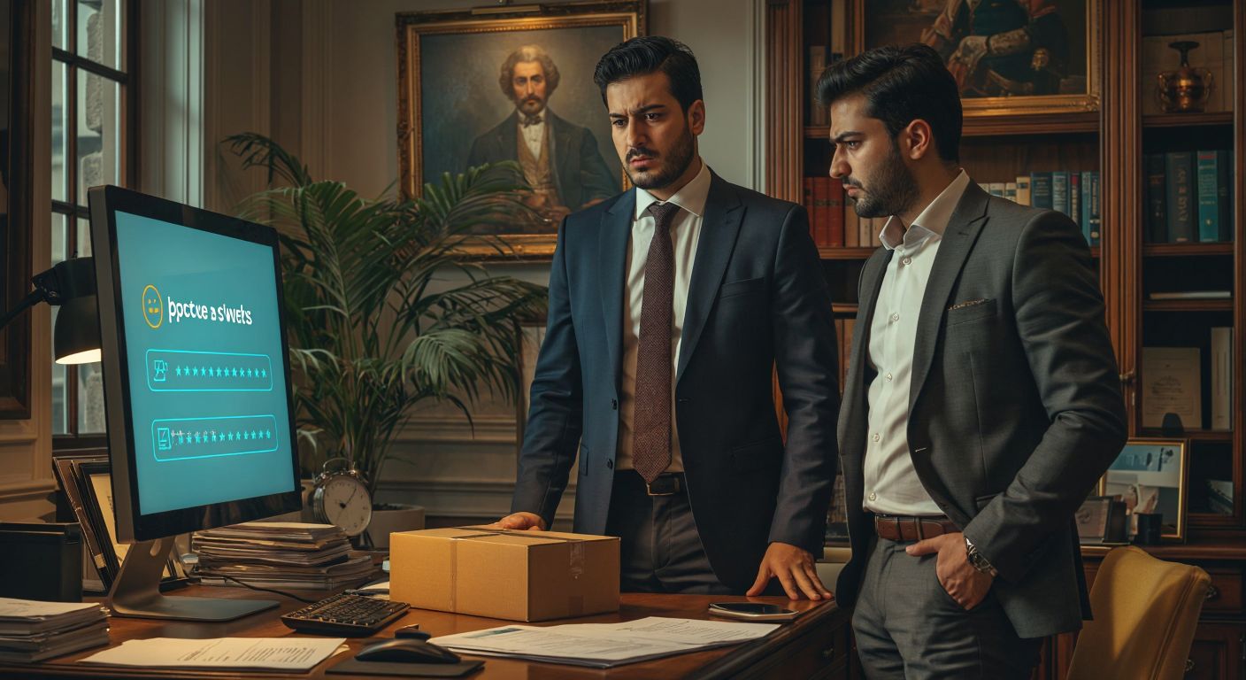 A confident Turkish businessman in a well-tailored Kiğılı suit stands beside a glowing computer screen displaying positive reviews, while a frustrated customer frowns at a delayed package on a cluttered desk.