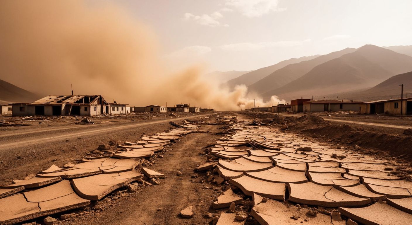 A cracked, desolate landscape in Chile with collapsed buildings, dust clouds rising, and distant mountains under a hazy sky, conveying devastation and sorrow.