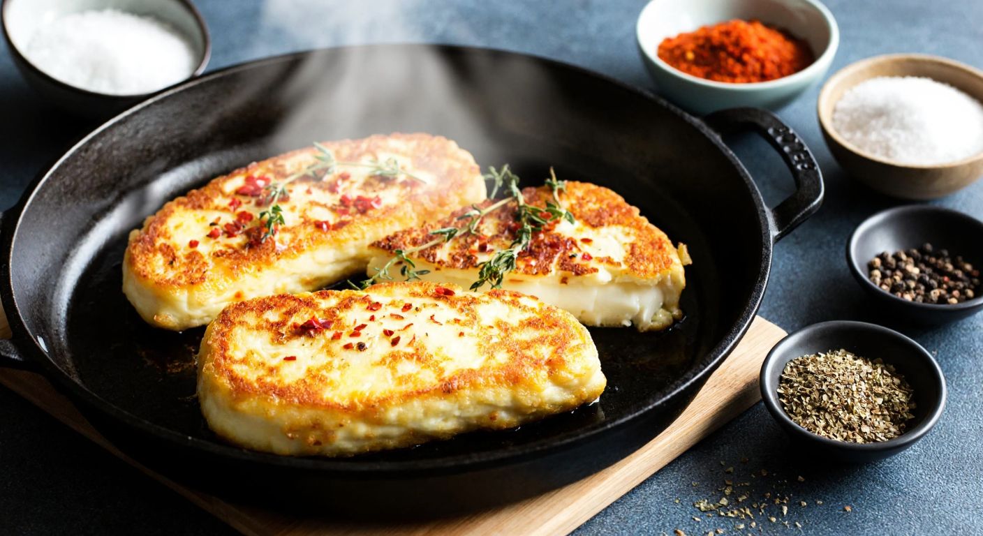 A golden-brown slice of halloumi cheese sizzling in a cast-iron pan, sprinkled with red pepper and thyme, surrounded by small bowls of spices like oregano and black pepper, with steam rising from the crispy edges.