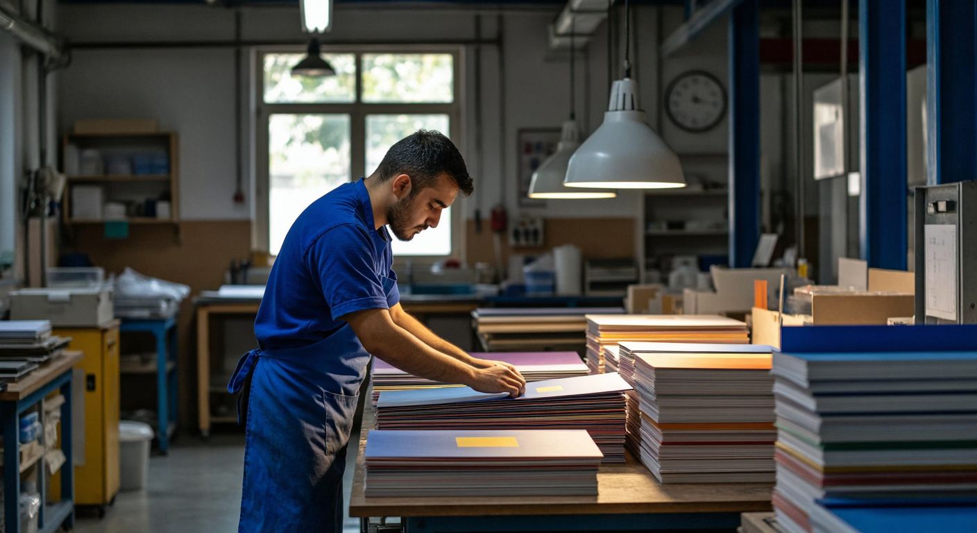 A Turkish printing workshop with a worker in a blue apron carefully inspecting freshly printed proposal folders under warm industrial lighting, while stacks of colorful folders await quality control on a wooden table nearby.