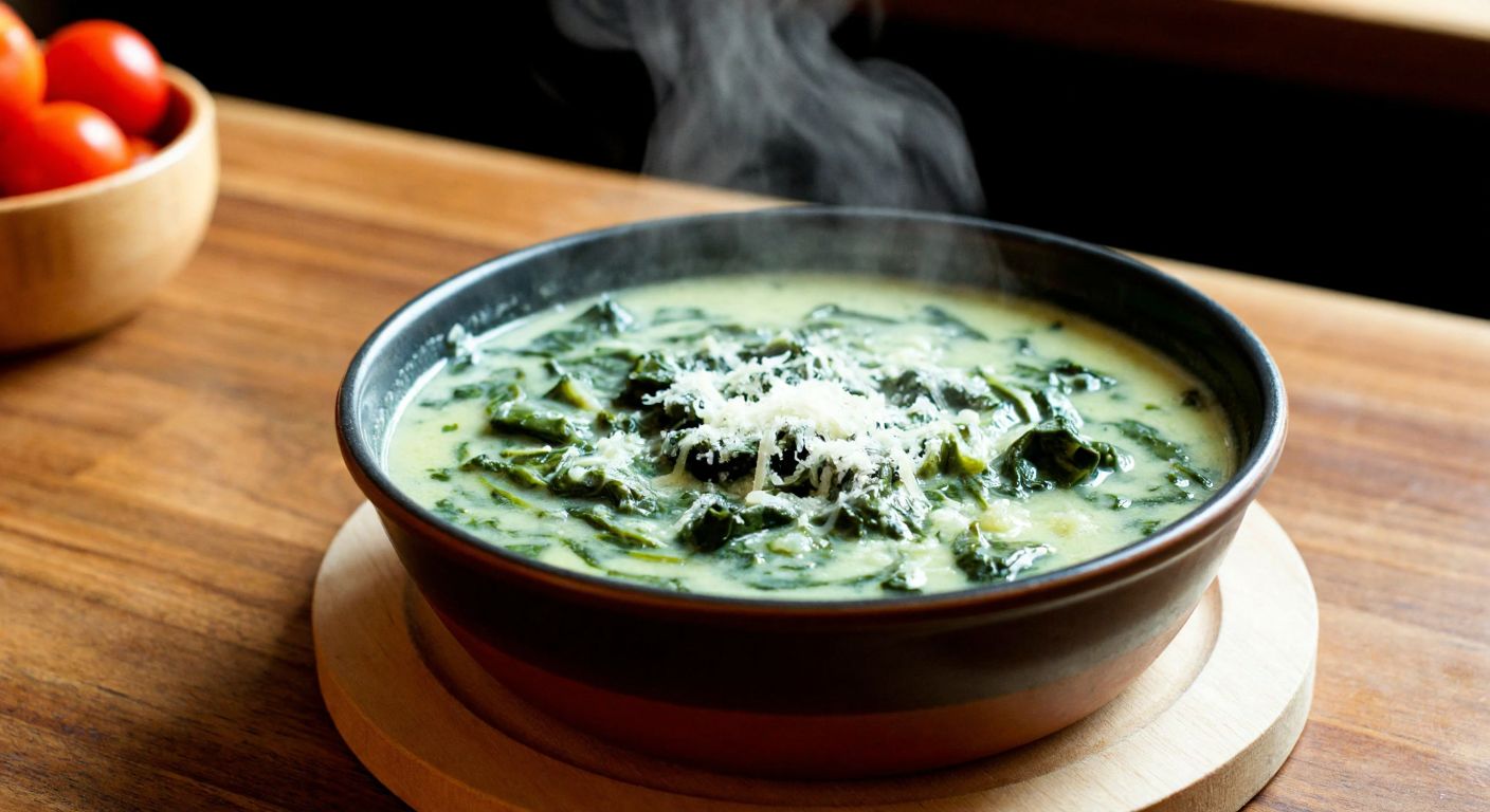 A steaming bowl of creamy green Florentine soup with wilted spinach leaves, topped with a sprinkle of grated parmesan, resting on a rustic wooden table in a cozy Turkish kitchen.