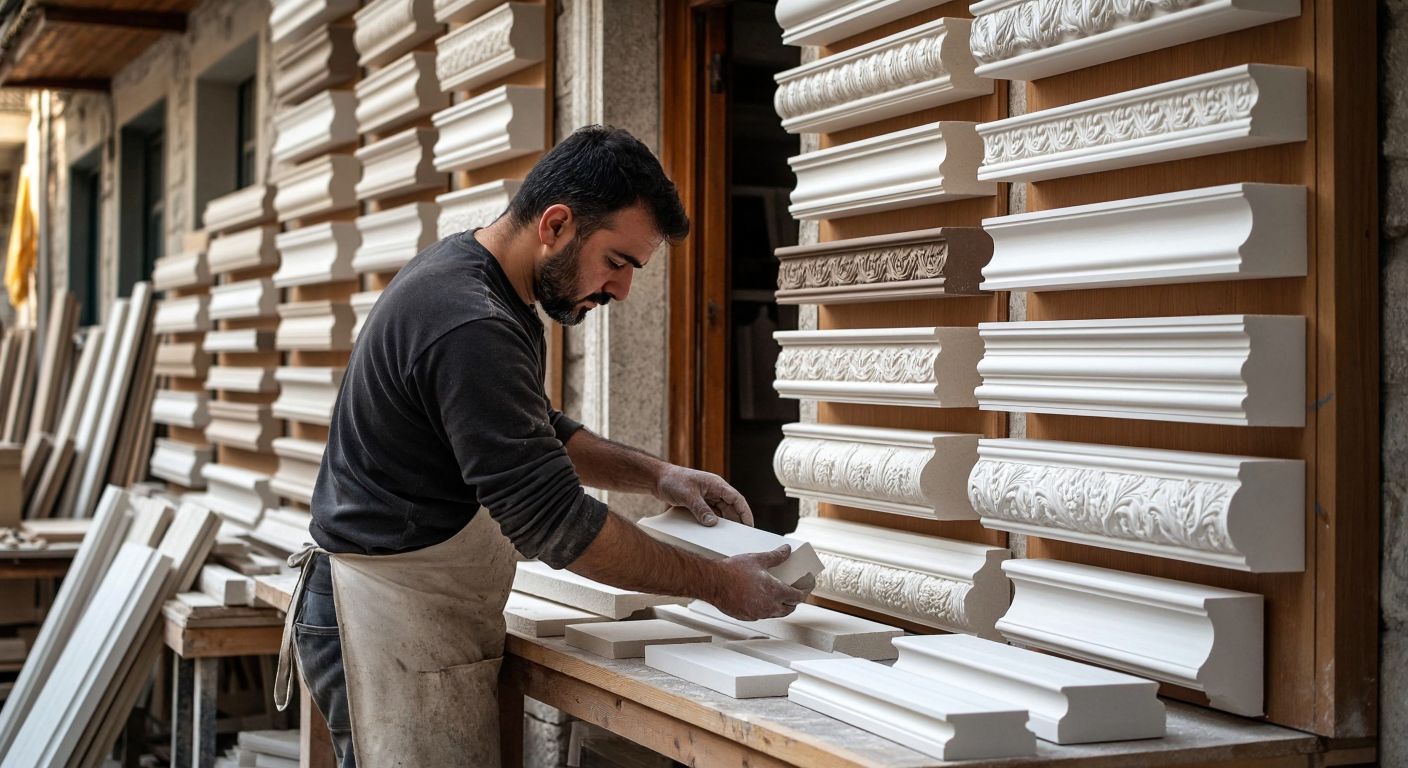 A craftsman in a workshop carefully arranging various decorative söve (architectural molding) samples—smooth, stone-patterned, and wood-grained—against the backdrop of a traditional Turkish building facade.