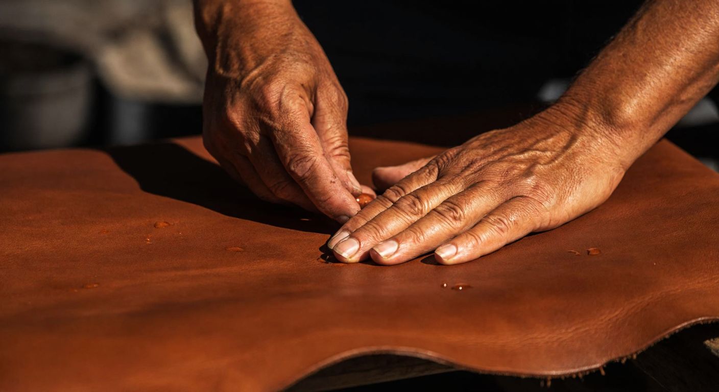 A close-up of a weathered Turkish artisan’s hands carefully inspecting a rich brown leather hide, with faint wrinkles and pores visible under warm light, while a small water droplet beads on its surface.