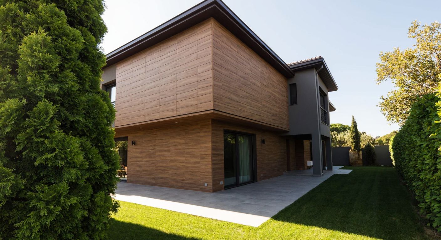 A modern Turkish villa with a warm wooden-textured exterior cladding, featuring Albero's porcelain tiles mimicking natural wood grain, set against a sunny backdrop with lush greenery.