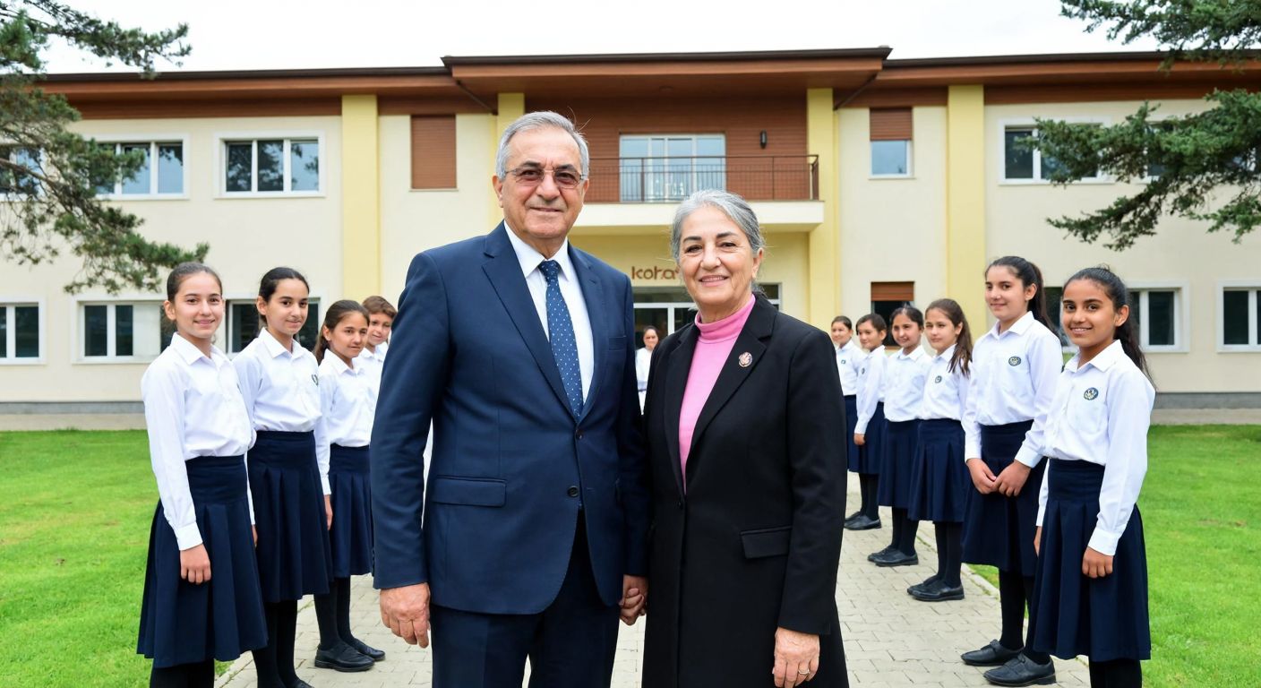 A dignified elderly Turkish couple, İlhan and Yüksel Alanyalı, standing proudly in front of a modern school building with a warm, philanthropic expression, surrounded by students in uniforms.