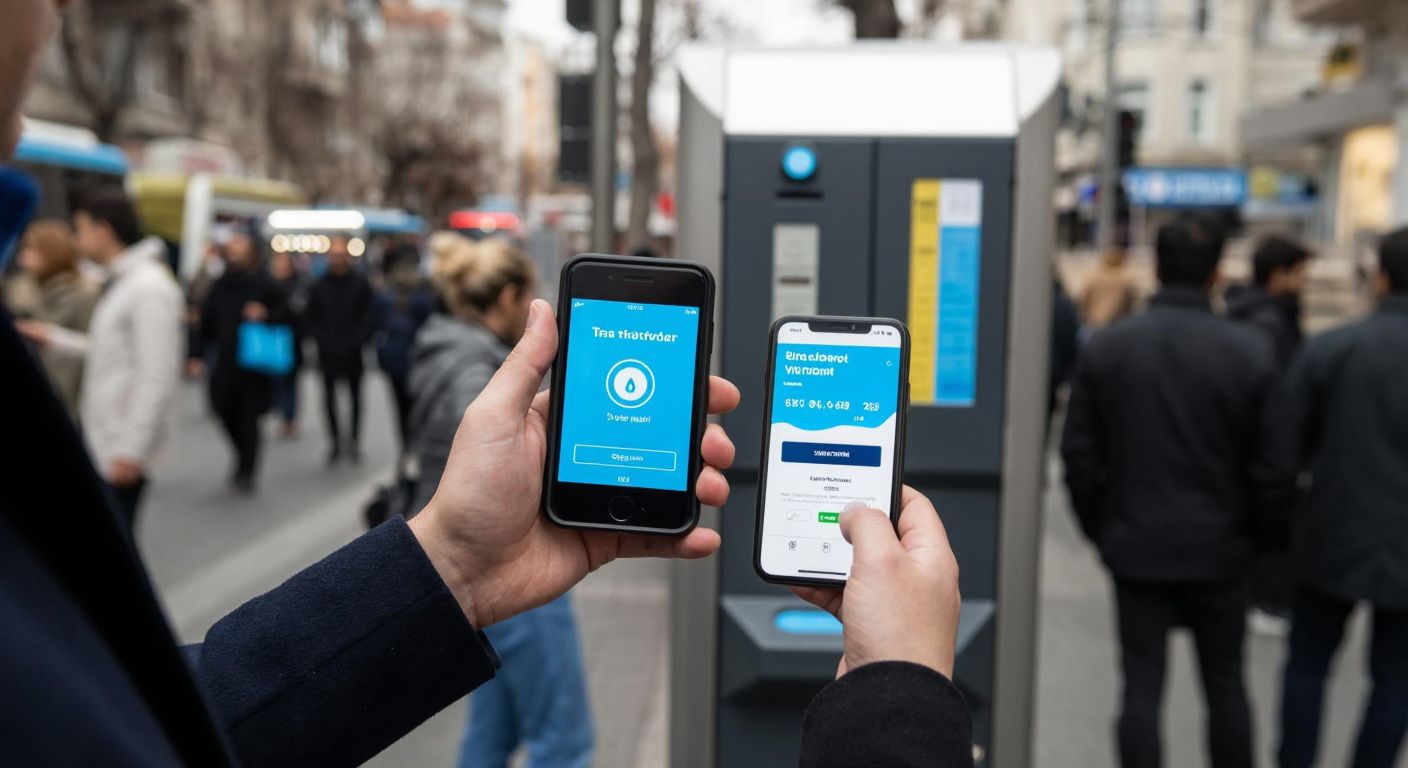 A person in a bustling Turkish city holds a blue transit card near a validation machine, with a smartphone displaying a payment confirmation screen in their other hand.