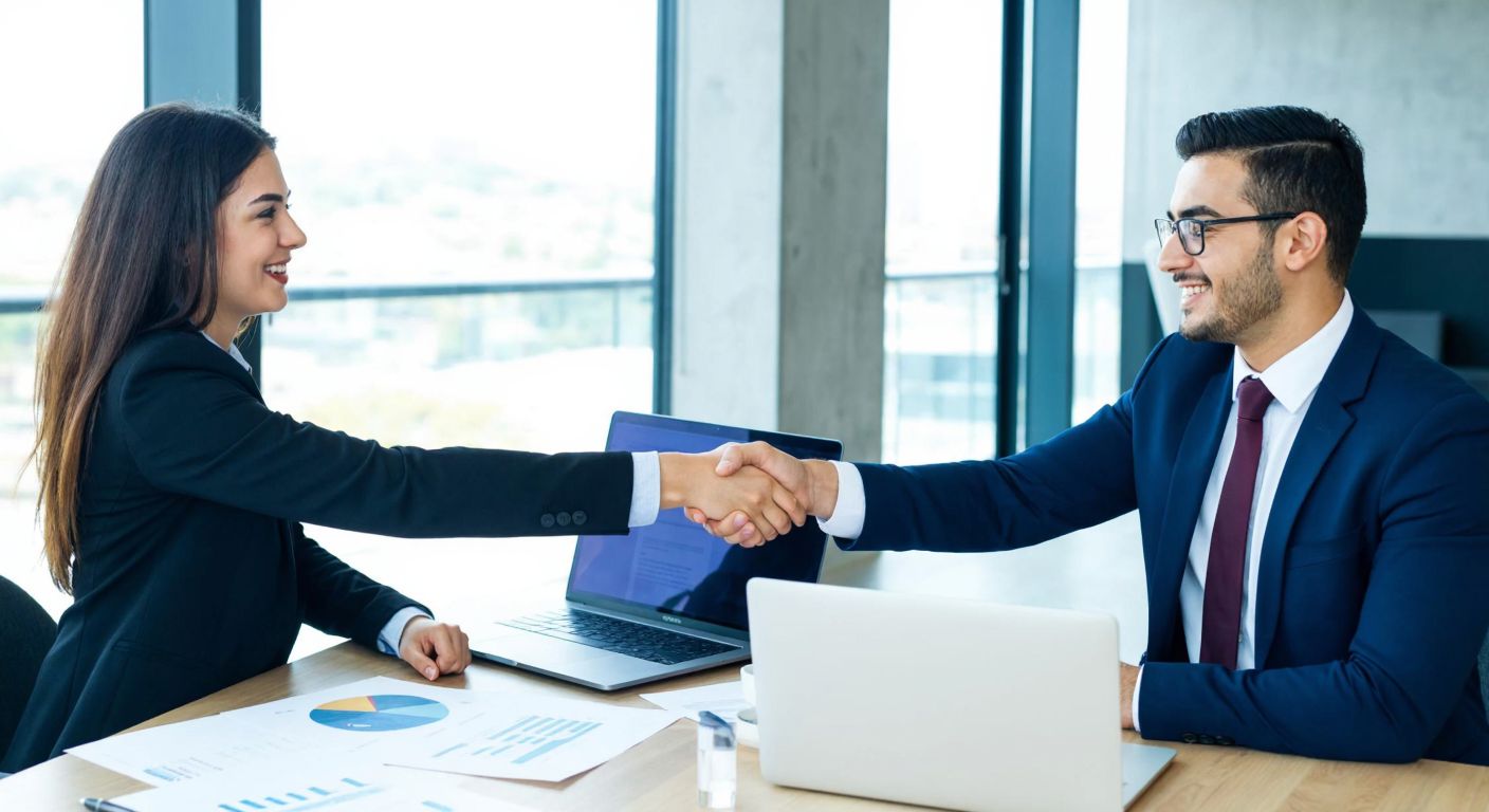 Two Turkish businesspeople in a modern office shaking hands over a table with documents and a laptop, symbolizing a B2B partnership.