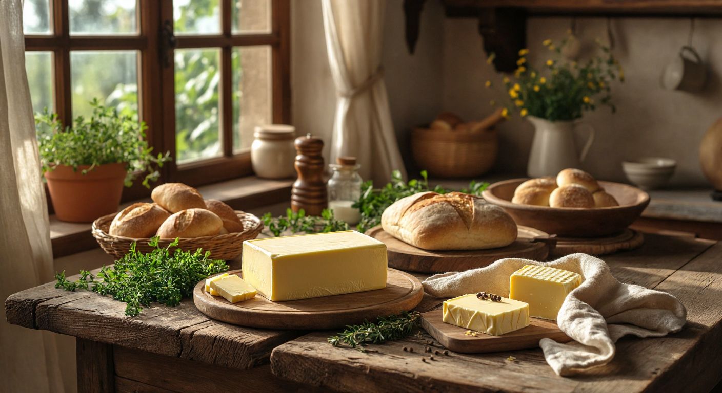 A rustic wooden table in a Turkish kitchen holds two golden blocks of butter—one wrapped in Sütaş-branded paper and the other in a handmade cloth—surrounded by fresh bread, honeycomb, and herbs, with warm sunlight streaming through a window.