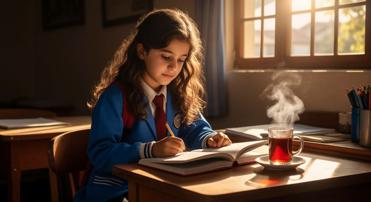 A Turkish middle school student in a blue uniform sits at a wooden desk, flipping through a colorful textbook with a steaming glass of çay beside them, their face lit with curiosity under warm classroom lighting.