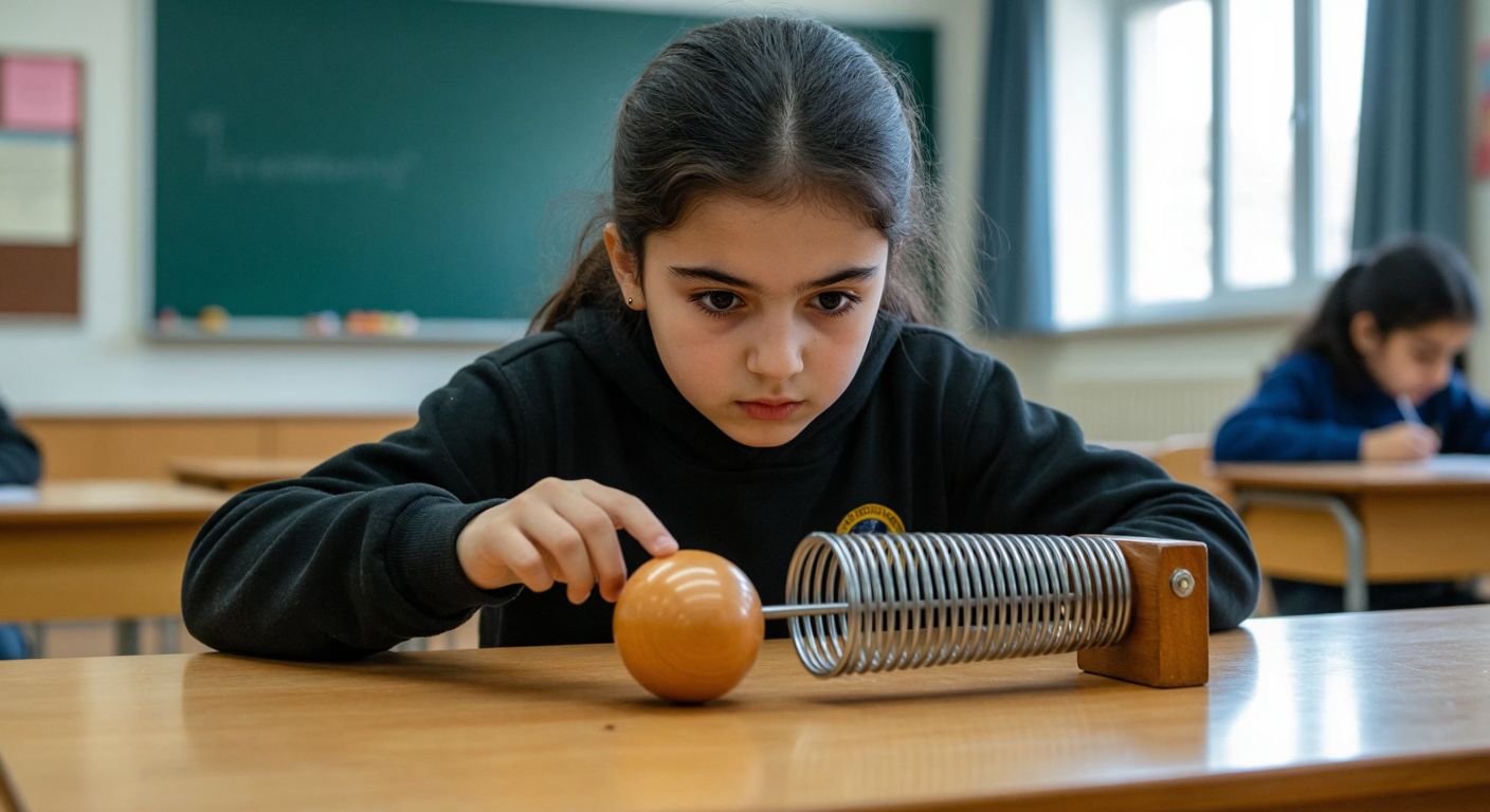 A Turkish middle school student in a classroom, intently watching a rolling ball and a stretched spring on a wooden desk, illustrating kinetic and potential energy.