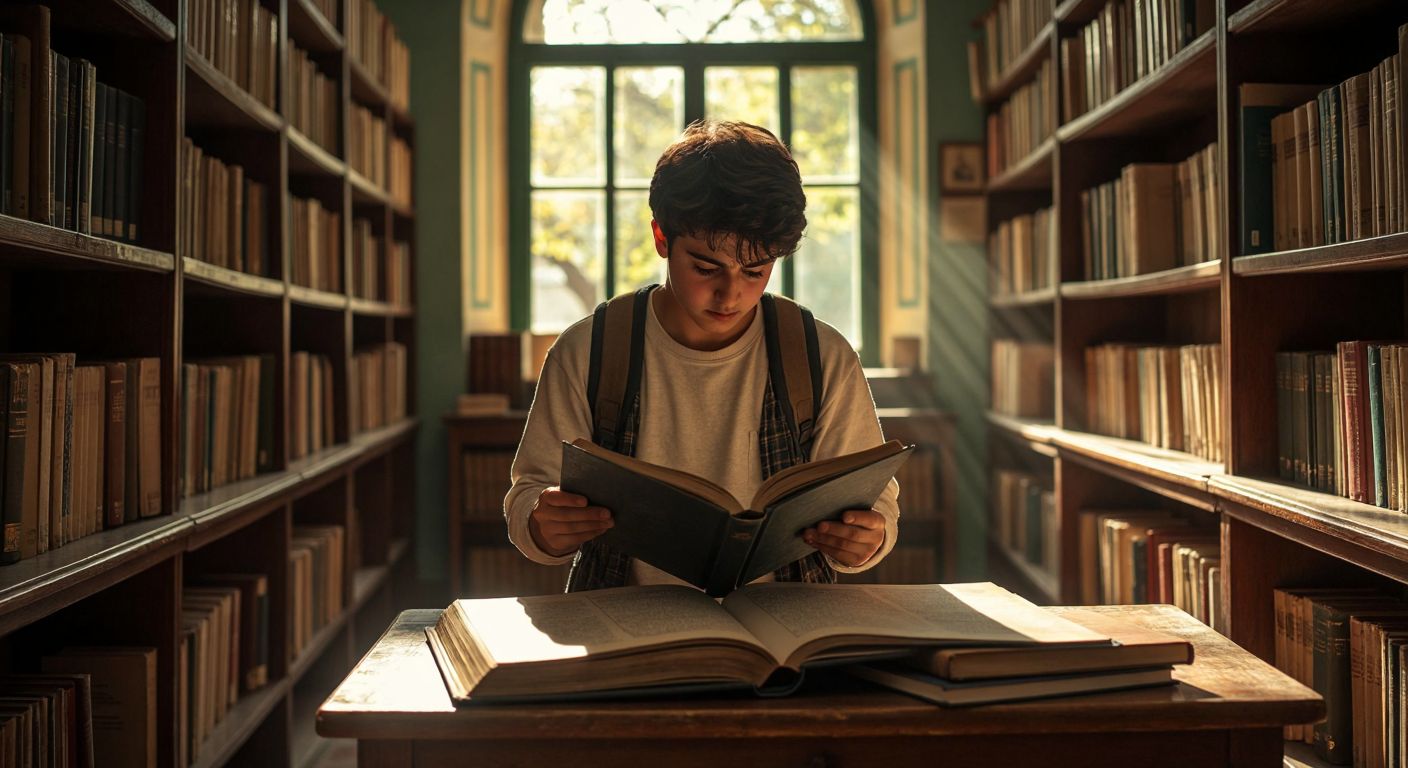 A nostalgic scene in a Turkish school library, where a curious young adult in casual attire flips through a worn yearbook on a wooden table, surrounded by shelves of old books and warm sunlight streaming through the windows.