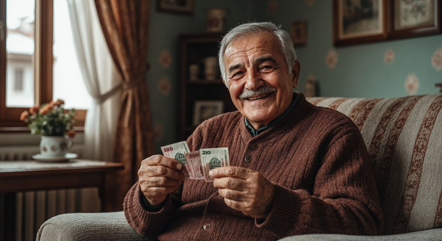 An elderly Turkish retiree in a cozy home setting smiles warmly while holding a small stack of lira banknotes, with a calendar page showing January 2025 in the background.