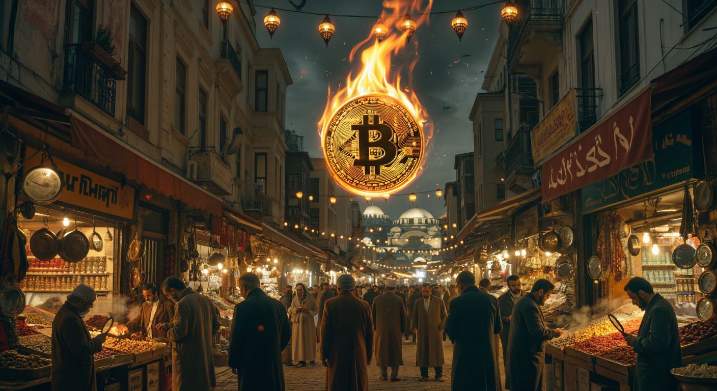 A glowing digital coin with a flame at its center floats above a Turkish bazaar, surrounded by curious traders examining it with magnifying glasses.