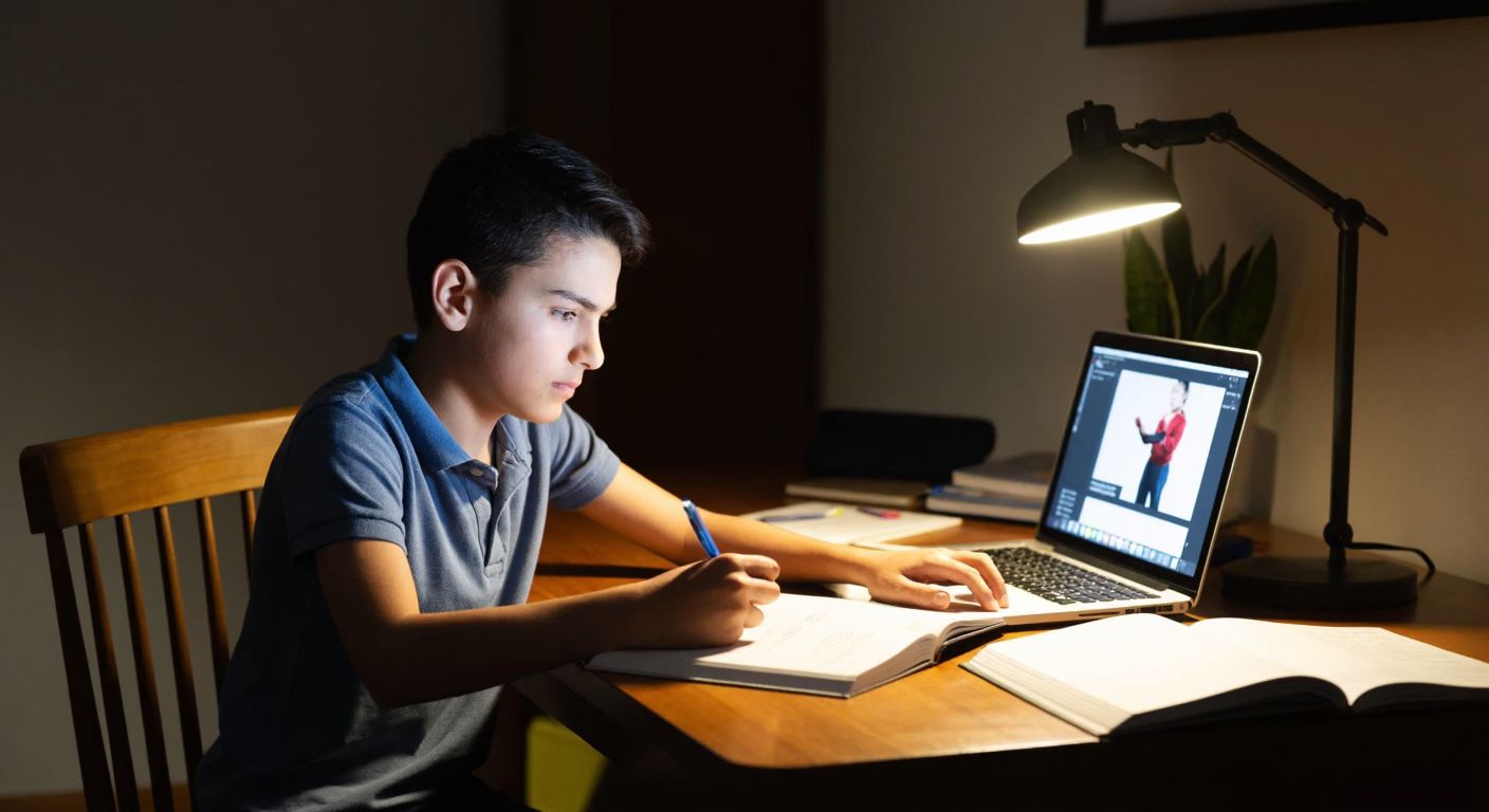 A focused Turkish middle-school student sits at a wooden desk, surrounded by open textbooks and a laptop playing an educational video, with a determined expression while solving a social studies scenario worksheet under a warm desk lamp.