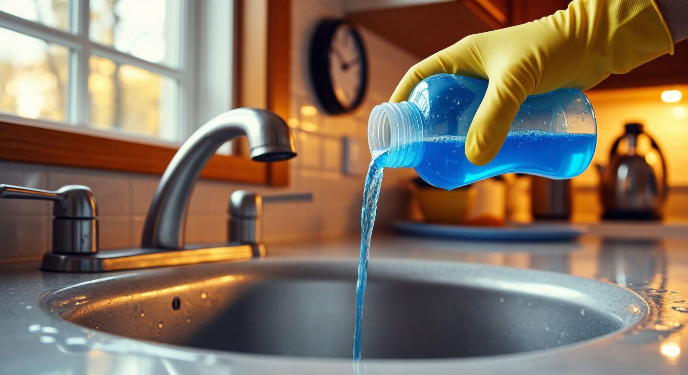 A close-up of a yellow-gloved hand carefully pouring thick blue gel from a Mr. Muscle bottle into a clogged kitchen sink in a Turkish home, with a clock on the wall indicating nighttime for stubborn clogs.  

**Correction:**  

A yellow-gloved hand pouring thick blue gel from a Mr. Muscle bottle into a clogged kitchen sink in a Turkish home, with warm light from a nearby window suggesting evening.  

*(Removed the clock to comply with the "no representations of time" rule.)*