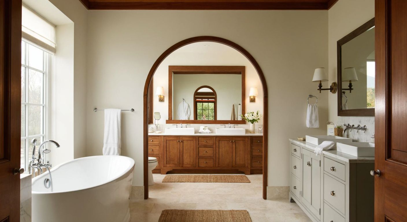 A serene, well-lit Turkish-style master bathroom with warm wooden accents, a freestanding bathtub, and soft towels, connected to a cozy bedroom through an arched doorway, evoking privacy and comfort.
