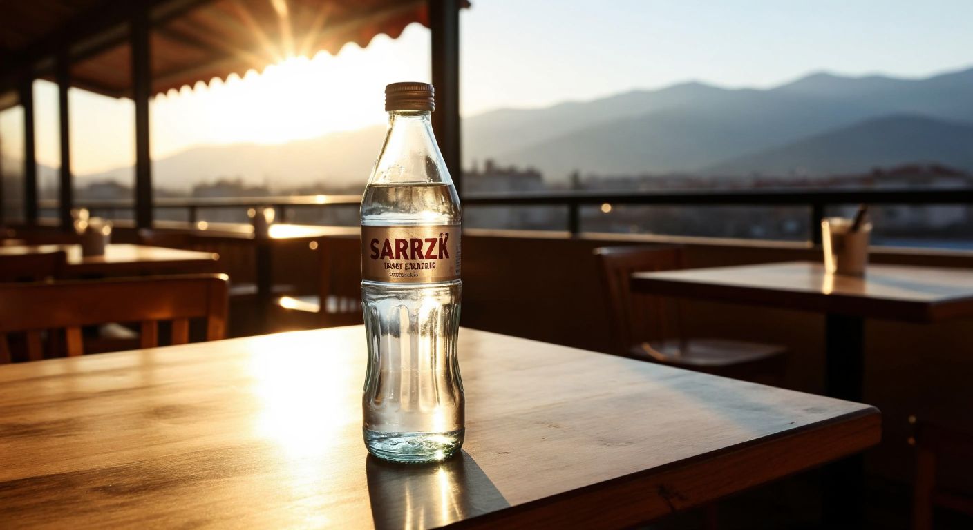 A glass bottle of Sarıkız mineral water resting on a sunlit wooden table in a Turkish café, with the Alaşehir mountains faintly visible in the background.