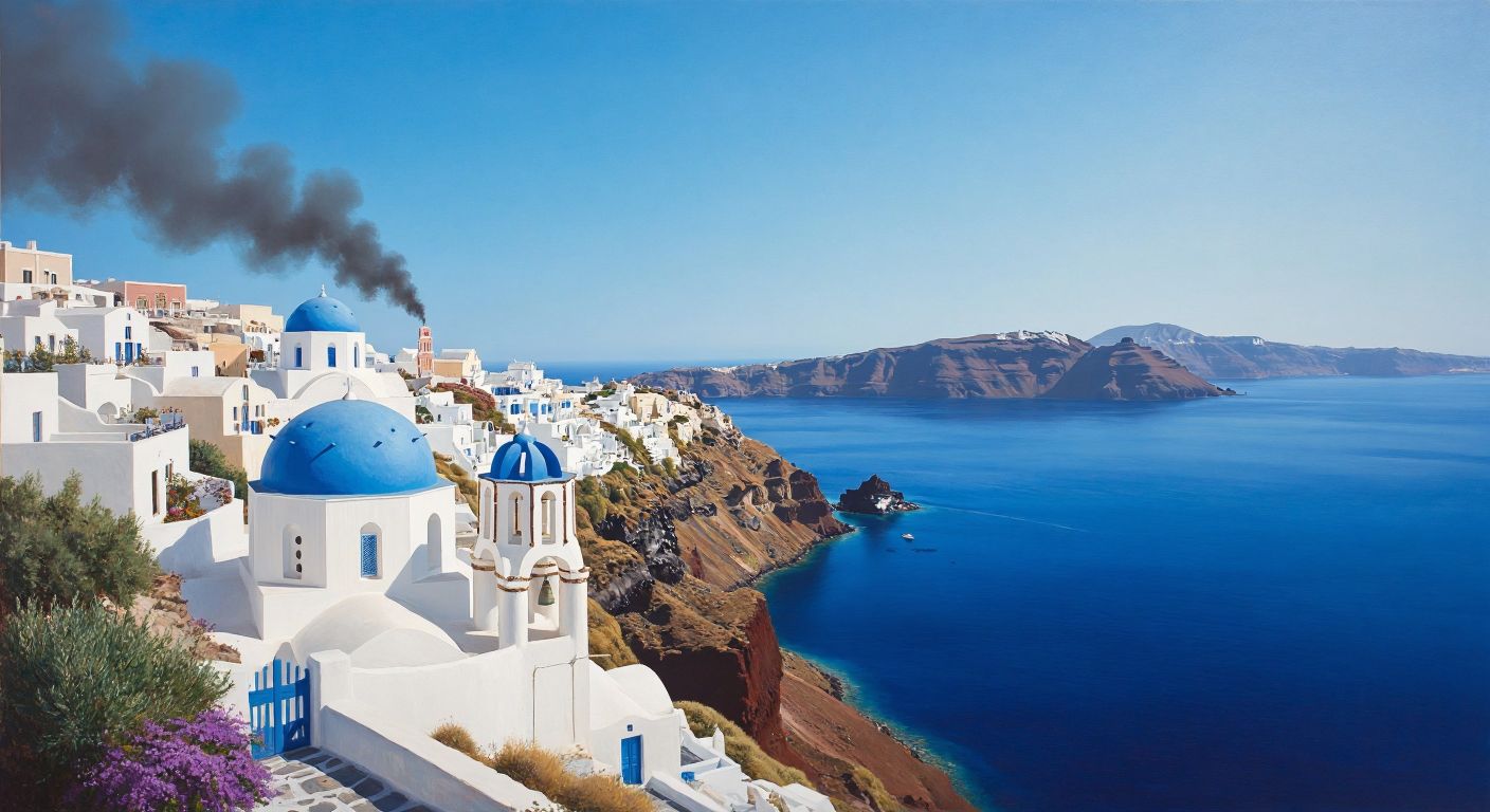A serene Greek island landscape with whitewashed buildings and blue domes overlooking a deep caldera, where faint smoke wisps rise from a dormant volcano beneath the turquoise sea.