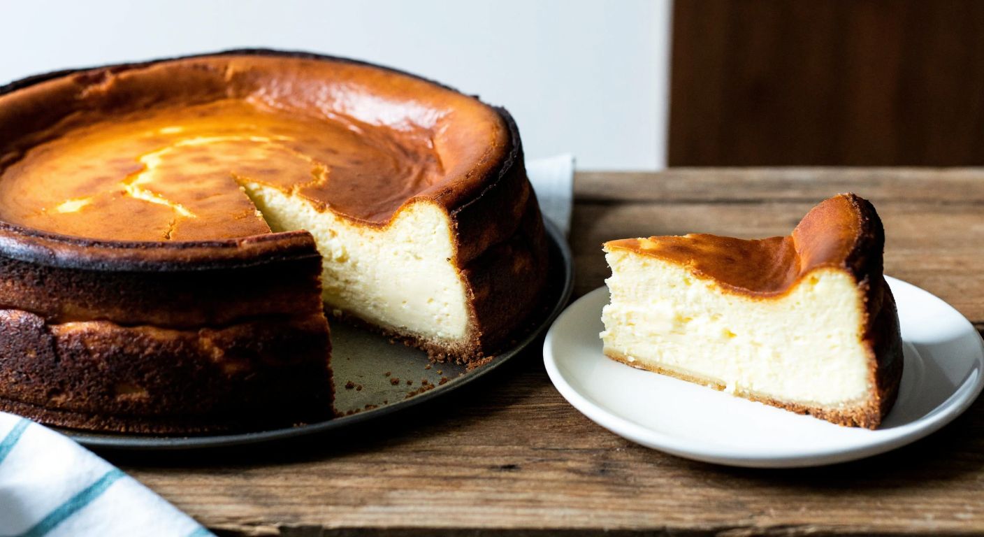 A rustic, dark-brown-topped San Sebastian cheesecake with a creamy, slightly sunken center sits on a wooden table, its airy texture contrasted by a slice revealing a soft, cloud-like interior, while a traditional cheesecake with a golden crust sits beside it for comparison.