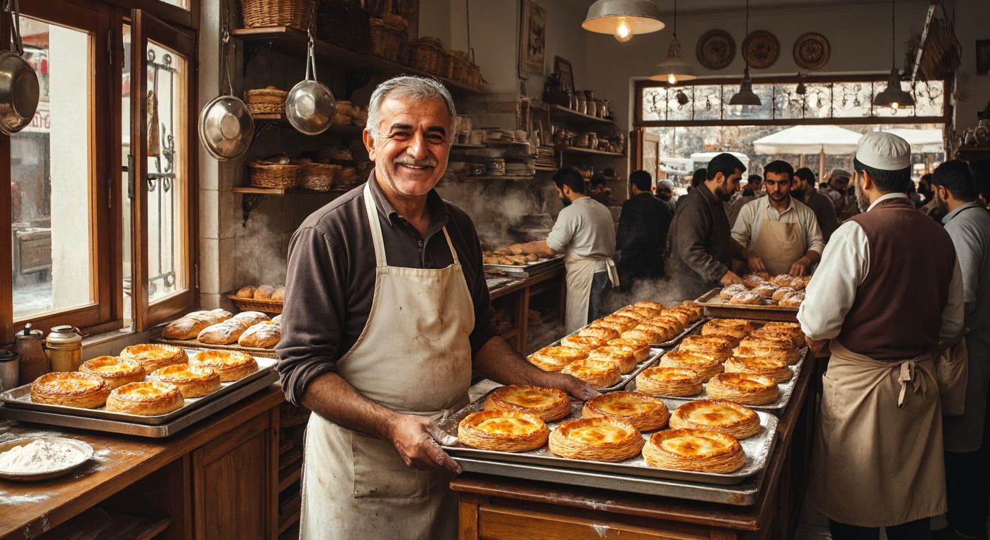 A warm, bustling bakery in Turkey with golden trays of flaky börek, an elderly baker with a flour-dusted apron smiling proudly, and customers eagerly waiting in line.