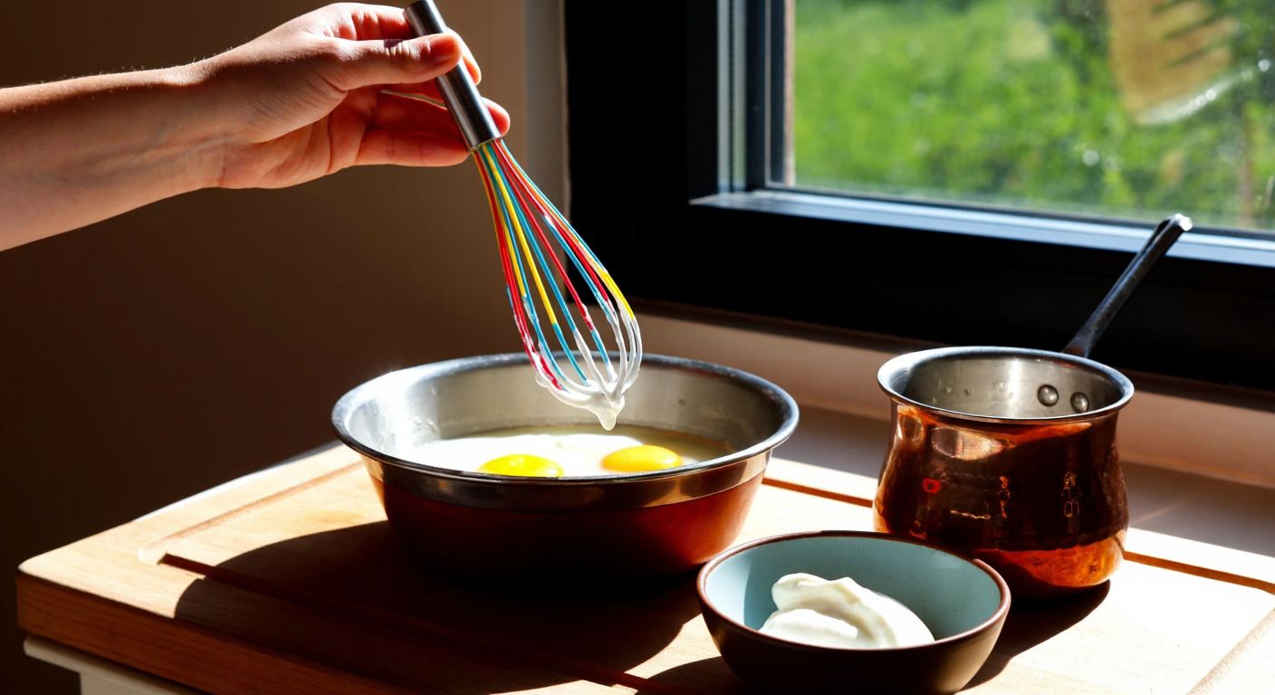 A vibrant Turkish kitchen with a hand holding a colorful whisk mid-air, surrounded by a mixing bowl of frothy eggs, a bowl of whipped cream, and a small pot of simmering sauce, all on a wooden counter with sunlight streaming through a window.