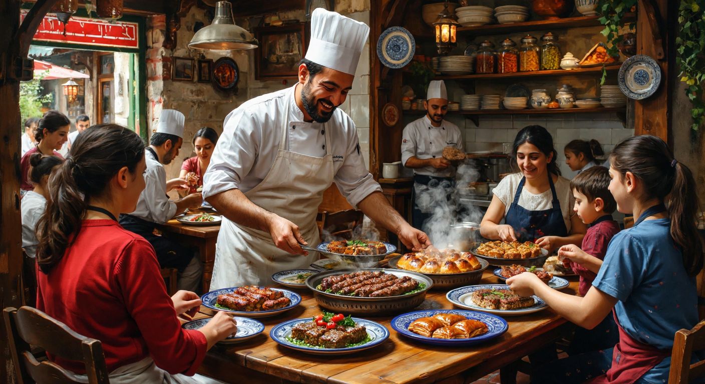 A bustling Turkish lokanta with steaming plates of kebabs and baklava, a smiling chef in a white apron serving a multi-generational family at a wooden table adorned with colorful ceramic dishes.