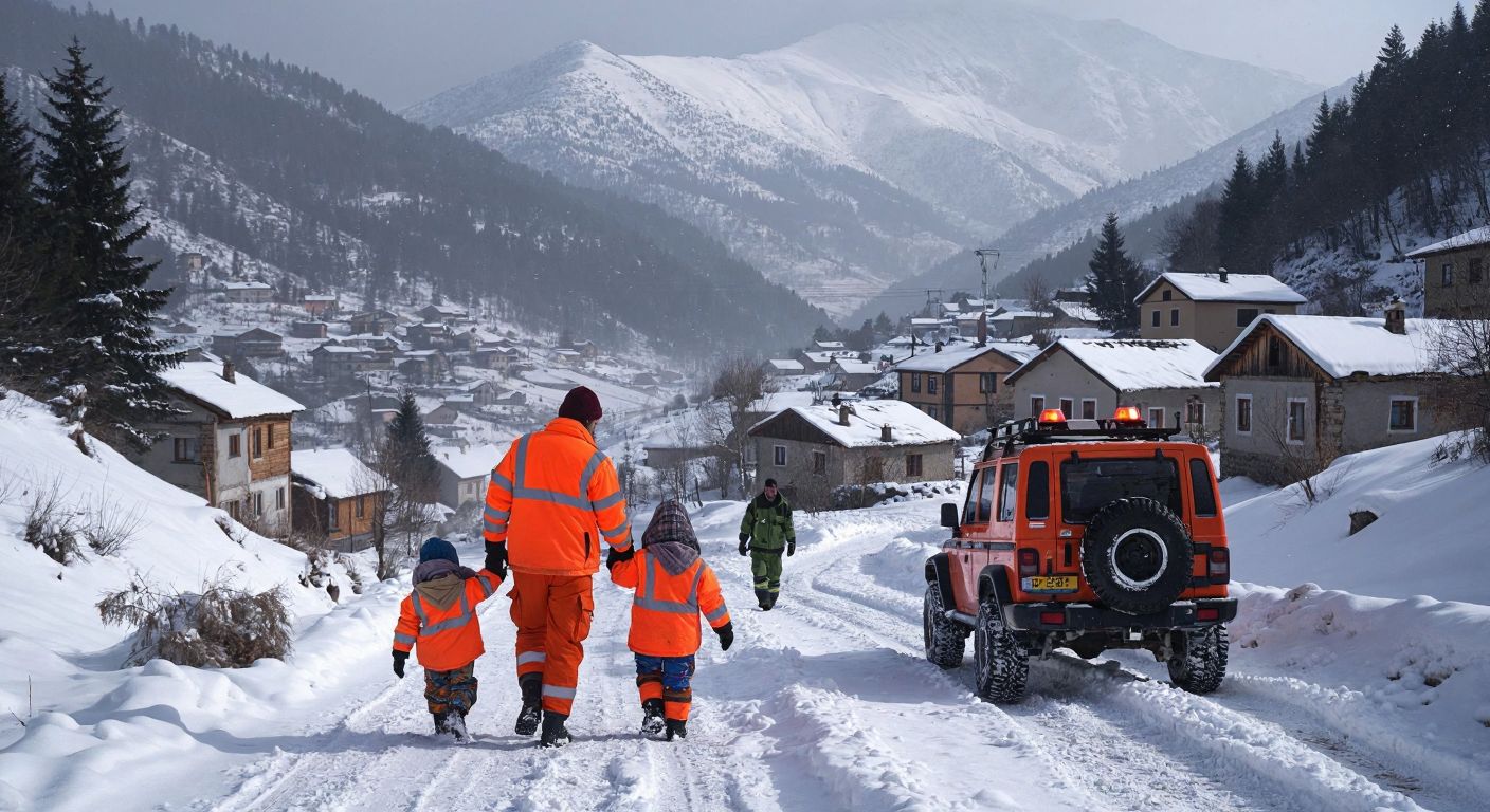 A snowy mountain village in Turkey, where uniformed rescue workers in orange jackets carefully guide a shivering family—parents clutching their children—through deep snow toward a waiting off-road vehicle.
