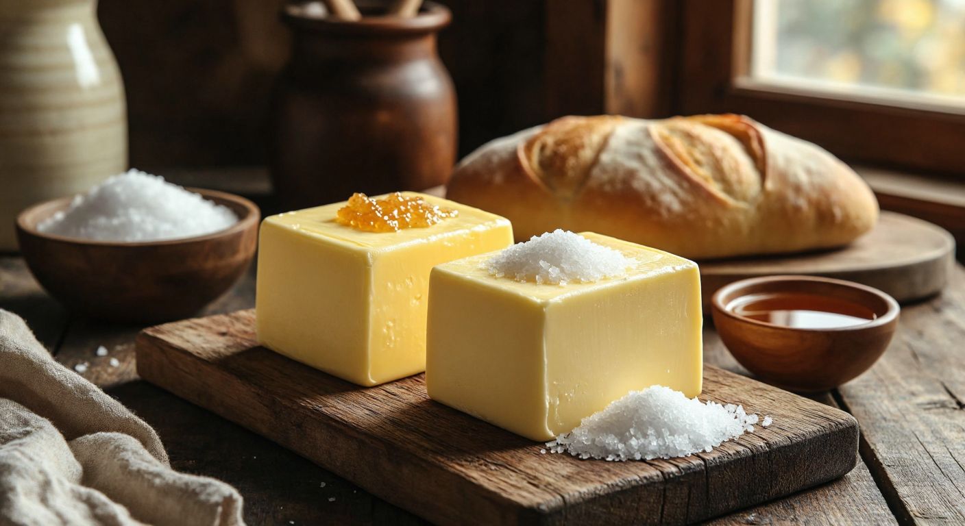 A rustic wooden table in a Turkish kitchen holds two golden blocks of butter—one with coarse salt crystals glistening on top, the other smooth and pale—next to a warm loaf of bread and a bowl of honey.