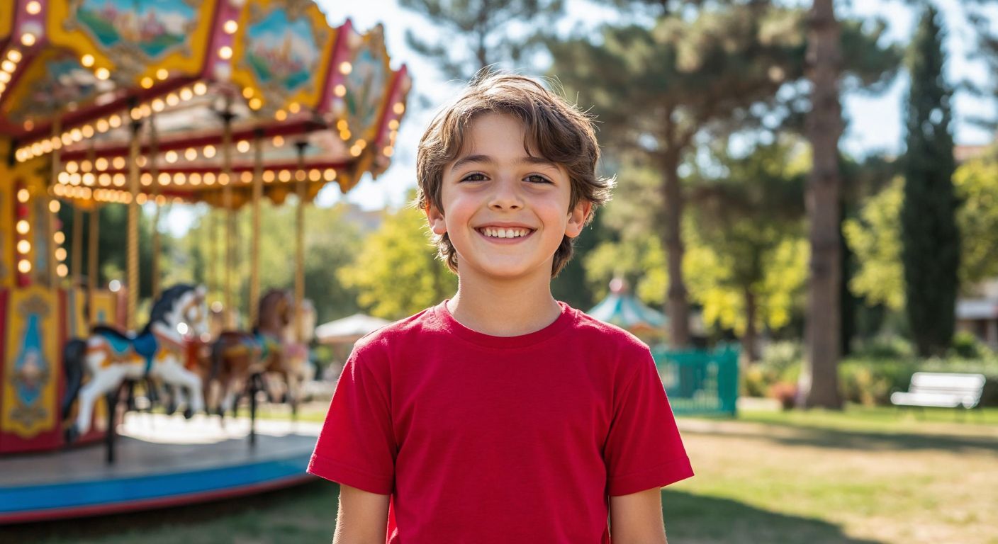 A smiling child around 11-12 years old wearing a well-fitted red T-shirt, standing in a sunny park in Turkey with a colorful carousel in the background.