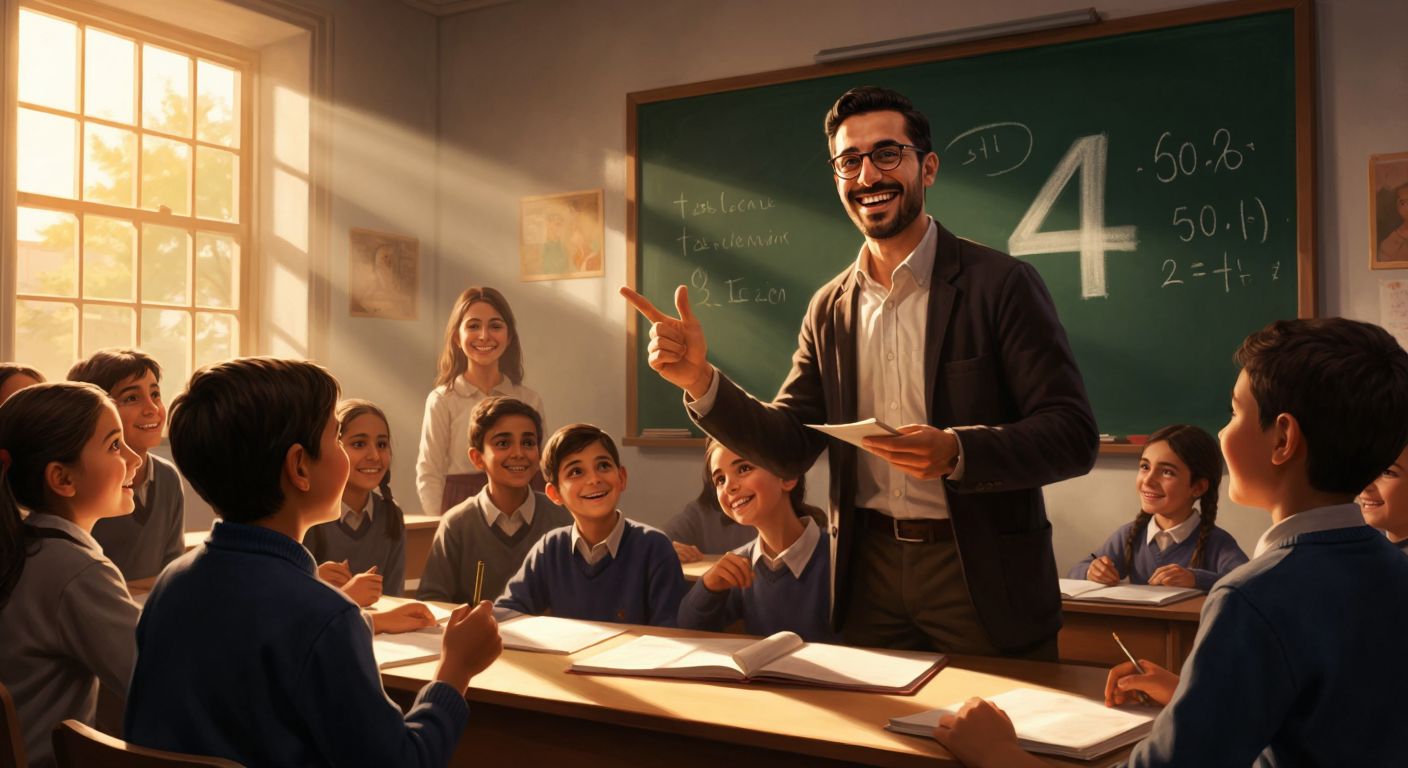 A cheerful Turkish teacher in a sunlit classroom points to a chalkboard with two large negative sevens, while students smile as bright golden "49" appears between them like a spark.
