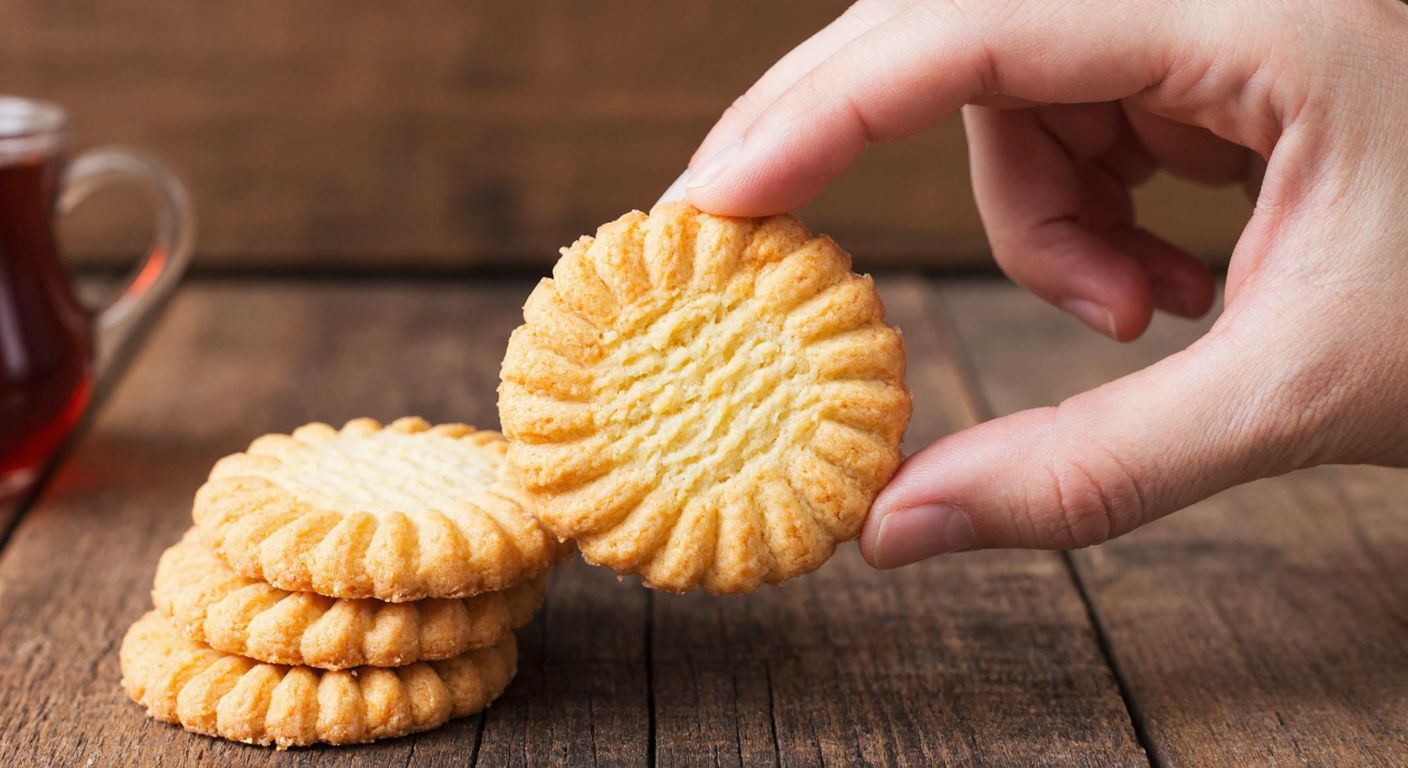 A hand holding a single golden-brown Burçak biscuit against a warm, rustic wooden table, with a small pile of similar biscuits beside it, evoking a cozy Turkish tea-time setting.