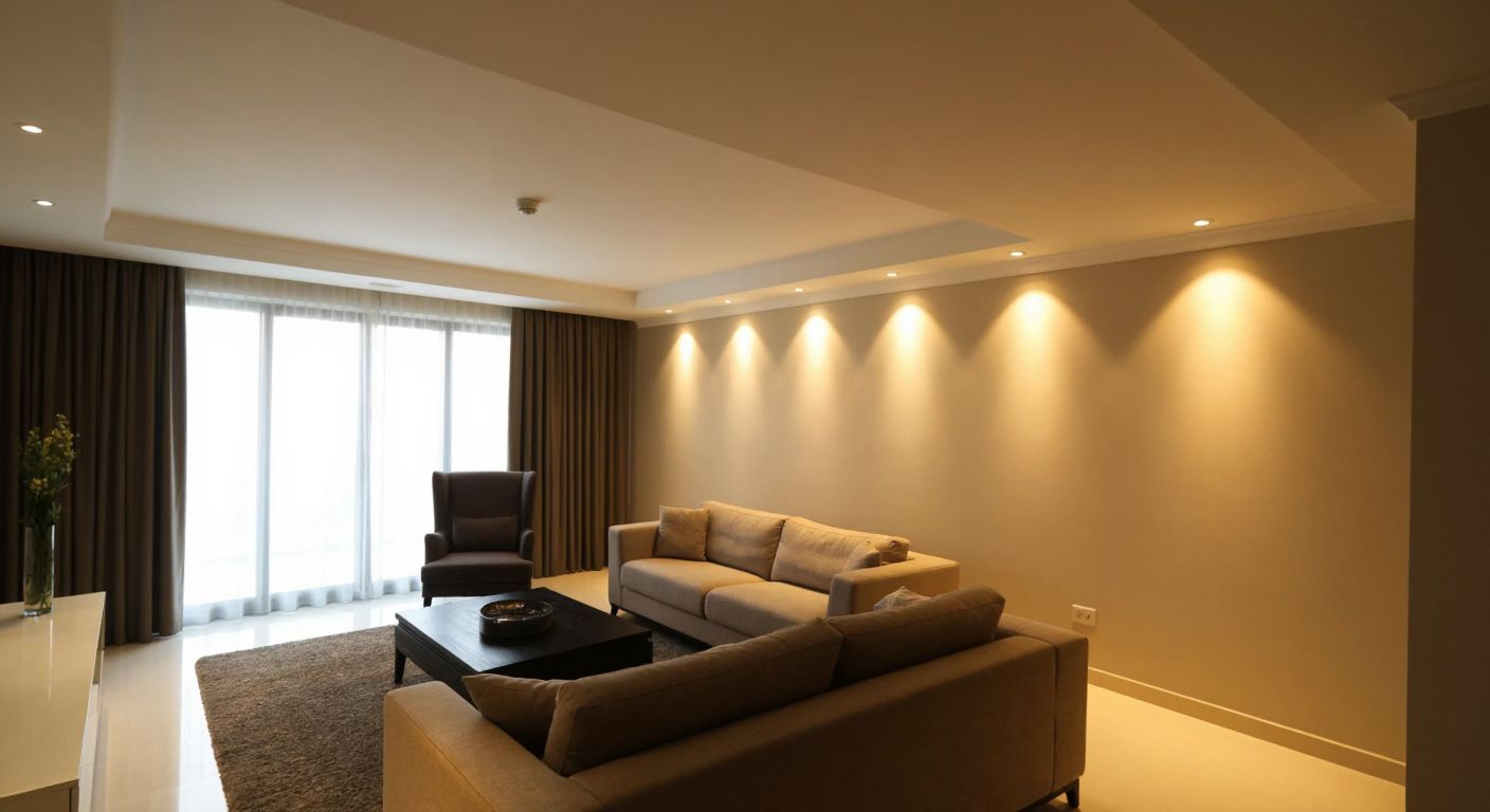 A well-lit modern Turkish apartment with recessed ceiling spotlights evenly spaced, casting warm light on a minimalist living room with neutral-toned furniture and a high ceiling.