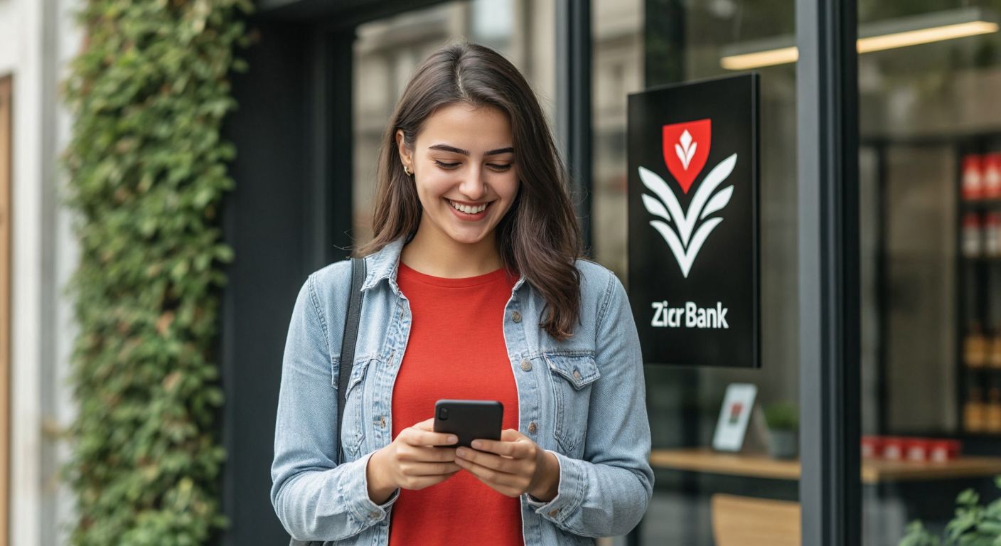 A modern Turkish bank customer in casual attire smiles while using a smartphone to access digital banking services, with a sleek, minimalist Ziraat Bank logo subtly integrated into the background.