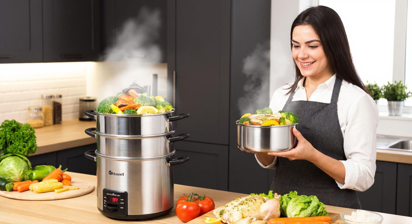 A modern stainless steel steamer sits on a kitchen counter, filled with vibrant vegetables, tender chicken, and fresh fish, emitting gentle steam while a Turkish woman in an apron checks the timer with a satisfied smile.