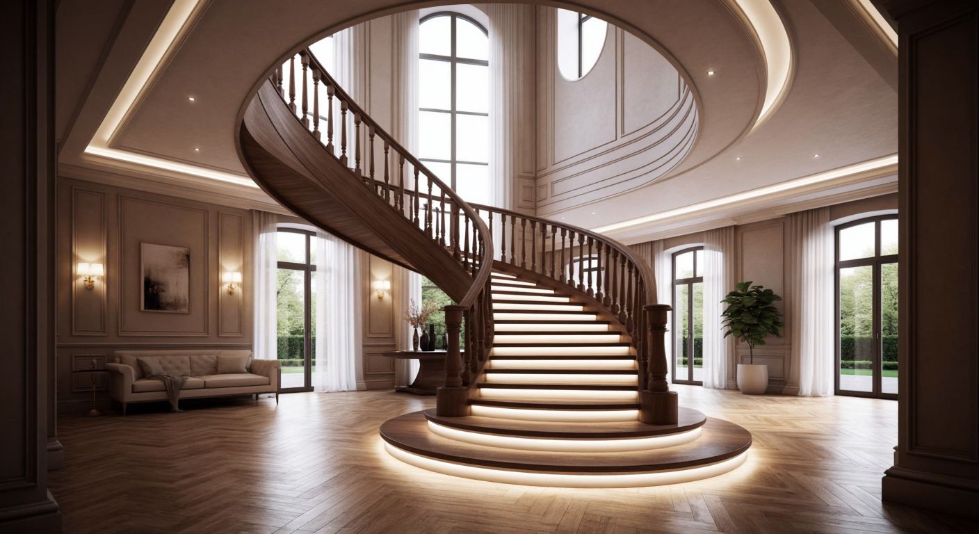 A grand, sunlit villa interior features a sleek wooden staircase with a modern spiral design, illuminated by subtle LED strip lighting, blending functionality with elegant aesthetics.