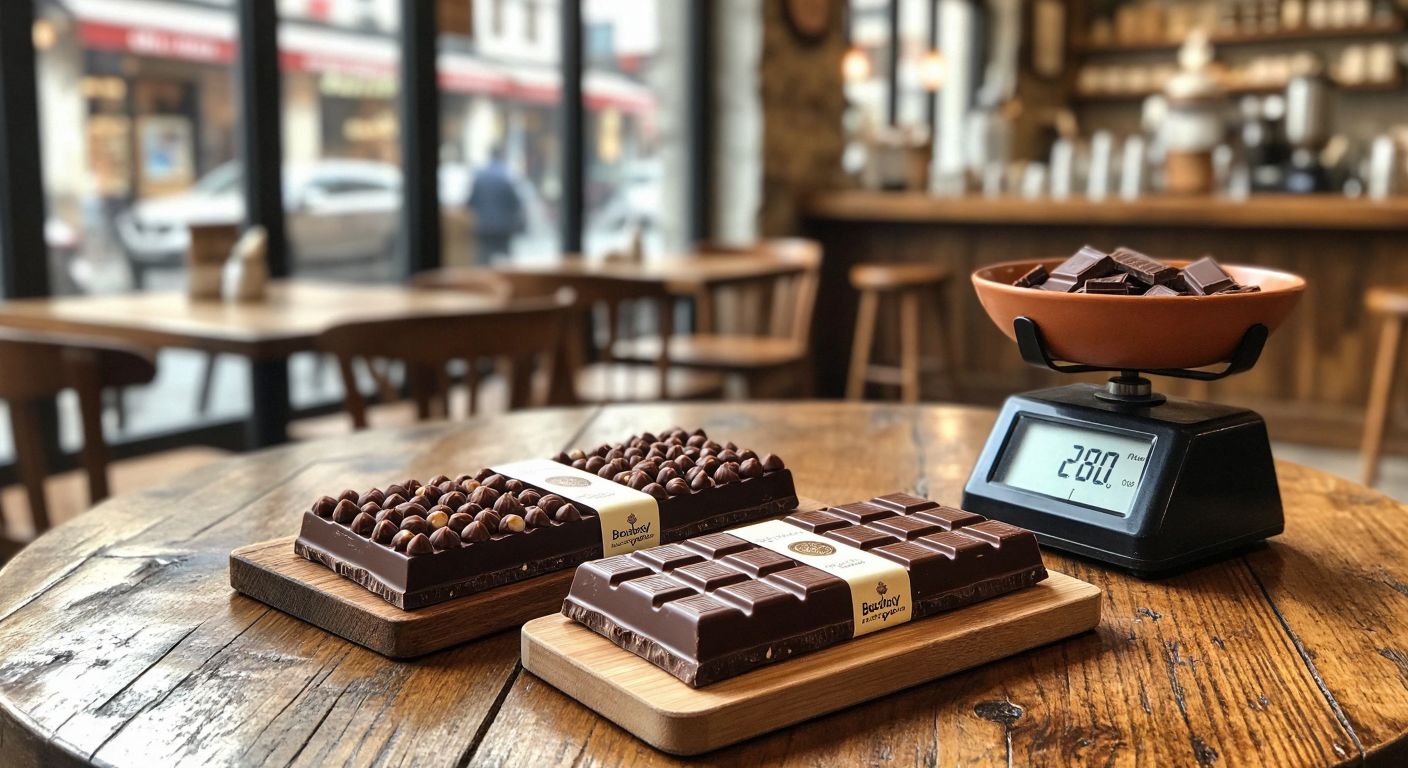 A wooden table in a cozy Turkish café holds three unwrapped Beyoğlu chocolate bars—one dark with hazelnuts, one milk with hazelnuts, and one plain milk chocolate—each resting near a small scale showing their different weights.